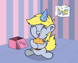 Size: 1800x1471 | Tagged: safe, artist:chubble-munch, derpy hooves, birthday, drawing, filly, muffin, present, solo, that pony sure does love muffins