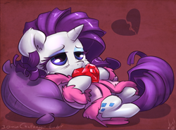 Size: 1000x740 | Tagged: safe, artist:atryl, rarity, pony, unicorn, bathrobe, bed mane, clothes, fire ruby, gem, robe, sad