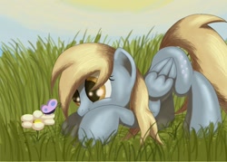 Size: 1400x1000 | Tagged: safe, artist:grennadder, derpy hooves, butterfly, insect, pegasus, pony, female, flower, grass, mare