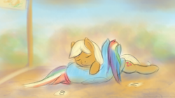 Size: 1280x720 | Tagged: safe, artist:taggerung, derpibooru import, applejack, rainbow dash, earth pony, pegasus, pony, appledash, atg 2017, cuddling, female, lesbian, newbie artist training grounds, running of the leaves, shipping