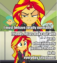 Size: 673x746 | Tagged: safe, snails, snips, sunset shimmer, equestria girls, image macro, making out, meme, seems legit, text edit, yugioh abridged