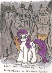 Size: 1633x2278 | Tagged: safe, artist:zubias, rarity, pony, troll, unicorn, cave, crossover, discworld, signature, traditional art, unshorn fetlocks