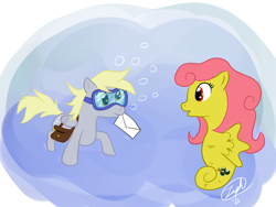 Size: 1024x768 | Tagged: safe, artist:zeph, derpy hooves, oc, pegasus, pony, sea pony, bag, female, goggles, letter, mare, saddle bag, swimming goggles, underwater, water