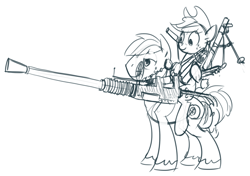 Size: 1280x899 | Tagged: safe, artist:derkrazykraut, applejack, big macintosh, earth pony, pony, bfg, gun, male, monochrome, mortar, ponies riding ponies, riding, stallion