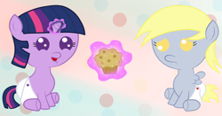 Size: 900x473 | Tagged: safe, artist:megaman174, derpy hooves, twilight sparkle, pegasus, pony, baby, female, magic, mare, muffin