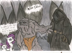 Size: 2338x1700 | Tagged: safe, artist:zubias, rarity, pony, troll, unicorn, cave, crossover, discworld, female, mare, mr. shine, traditional art