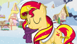 Size: 1201x690 | Tagged: safe, artist:shutterflyeqd, double diamond, sunset shimmer, pony, clothes, crack shipping, discovery family logo, doubleset, fake screencap, female, male, ponyville, scarf, shipping, snow, snowfall, straight, why