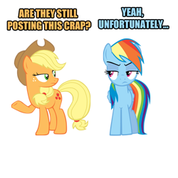 Size: 512x512 | Tagged: safe, artist:drzackrosimagemacros, applejack, rainbow dash, earth pony, pegasus, pony, caption, reaction image