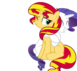 Size: 4394x4048 | Tagged: dead source, safe, artist:midnight-star234, rarity, sunset shimmer, pony, unicorn, absurd resolution, blank flank, female, hug, lesbian, shipping, simple background, sunsarity, transparent background, vector