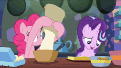 Size: 640x360 | Tagged: safe, screencap, pinkie pie, starlight glimmer, pony, every little thing she does, animated, baking, flour, gif, hypnosis, hypnotized, loop