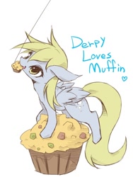 Size: 450x600 | Tagged: safe, artist:kolshica, derpy hooves, pegasus, pony, female, mare, muffin, pixiv, solo, that pony sure does love muffins