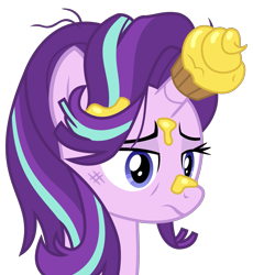 Size: 1747x1900 | Tagged: safe, artist:sketchmcreations, starlight glimmer, pony, unicorn, every little thing she does, cupcake, cupcakeglimmer, food, horn impalement, messy, messy mane, simple background, solo, tired, transparent background, vector