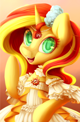 Size: 2438x3734 | Tagged: safe, artist:zodiacnicola, sunset shimmer, pony, semi-anthro, clothes, dress, looking at you, open mouth, solo