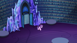 Size: 1280x720 | Tagged: safe, screencap, starlight glimmer, pony, unicorn, every little thing she does, alone, bird's eye view, book, door, female, library, mare, solo, stressed, table, twilight's castle, twilight's castle library, worried