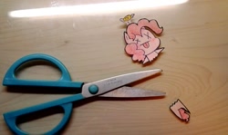 Size: 826x491 | Tagged: safe, artist:danadyu, pinkie pie, dead, irl, paper child, papercraft, photo, scissors, solo, tongue out, x eyes