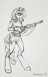 Size: 1200x1920 | Tagged: safe, artist:vombavr, rarity, anthro, unguligrade anthro, gun, hooves, monochrome, rifle, trigger discipline, weapon