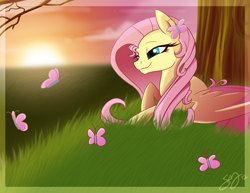 Size: 3400x2628 | Tagged: dead source, safe, artist:probablyfakeblonde, fluttershy, butterfly, pegasus, pony, smiling, solo