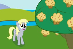 Size: 1098x727 | Tagged: safe, artist:snytbaggen, derpy hooves, pegasus, pony, female, mare, muffin, solo, tree