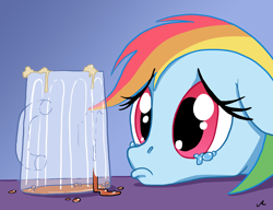 Size: 2600x2000 | Tagged: safe, artist:docwario, derpibooru import, rainbow dash, pegasus, pony, atg 2017, bust, crying, empty, floppy ears, looking at something, mug, newbie artist training grounds, solo, teary eyes, that pony sure does love cider