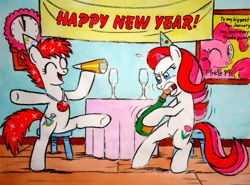 Size: 771x569 | Tagged: safe, artist:hirake! pony key, pinkie pie, earth pony, pony, g3, autograph, birthday, birthday ponies, champagne, g3 to g4, generation leap, happy new year, hat, january carnation, january joy, jewel, jewel birthday ponies, monthly mares, new year, party, party hat