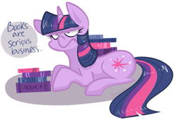 Size: 783x531 | Tagged: safe, artist:steeve, derpibooru import, twilight sparkle, book, bookhorse, egophiliac-ish, serious business, that pony sure does love books, twilight is not amused, unamused