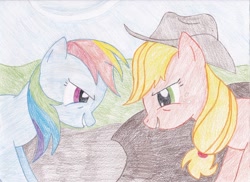 Size: 2108x1536 | Tagged: safe, artist:delatin, applejack, rainbow dash, earth pony, pegasus, pony, fall weather friends, scene interpretation, traditional art