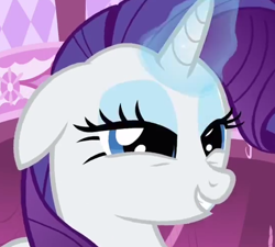 Size: 546x491 | Tagged: safe, screencap, rarity, pony, unicorn, ponyville confidential, faic, floppy ears, grin, lidded eyes, magic, out of context, smiling, solo