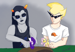 Size: 1000x696 | Tagged: safe, fluttershy, rarity, crossover, dirk strider, equius zahhak, homestuck, toy