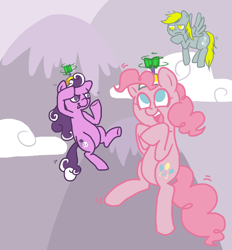 Size: 556x598 | Tagged: safe, artist:coggler, derpy hooves, pinkie pie, screwball, pegasus, pony, cloud, cloudy, confused, female, flight, flying, happy, hat, mare, propeller hat, swirly eyes