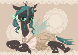 Size: 1414x1000 | Tagged: safe, artist:yanamosuda, queen chrysalis, changeling, changeling queen, alternate hairstyle, bow, clothes, dress, hair bow, lace, looking at you, pigtails, solo