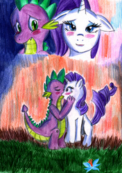 Size: 1220x1732 | Tagged: safe, artist:crystal-dream, rarity, spike, dragon, pony, unicorn, female, interspecies, kissing, male, shipping, sparity, straight