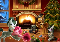 Size: 1061x753 | Tagged: dead source, safe, artist:jiayi, cloudy quartz, gummy, igneous rock pie, limestone pie, marble pie, pinkie pie, earth pony, pony, christmas, christmas tree, fireplace, pie family, quartzrock, tree