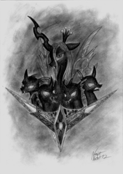 Size: 2390x3370 | Tagged: safe, artist:nightpaint12, queen chrysalis, changeling, changeling queen, female, grayscale, monochrome, traditional art