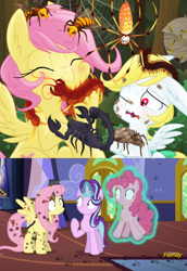 Size: 790x1150 | Tagged: safe, artist:equestria-prevails, edit, edited screencap, screencap, angel bunny, fluttershy, pinkie pie, starlight glimmer, asian giant hornet, earth pony, hornet, insect, pegasus, pony, rat, scorpion, snake, spider, unicorn, every little thing she does, bug armor, comparison, creepy crawlies, creepy smile, do not want, ear fluff, eyes closed, fear, female, fiducia compellia, forest, frown, glowing horn, hilarious in hindsight, hypnosis, hypnotized, indoors, levitation, magic, mare, millipede, one eye closed, outdoors, ponified pony pets, raised hoof, smiling, standing, sweat, telekinesis, twilight's castle
