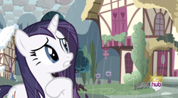 Size: 850x470 | Tagged: safe, screencap, rarity, pony, unicorn, magical mystery cure, checkered clouds, female, hub logo, mare, rain, solo, wet, wet mane, wet mane rarity