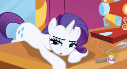 Size: 851x467 | Tagged: safe, screencap, rarity, pony, unicorn, magical mystery cure, bedroom eyes, bent over, element of generosity, invisible stallion, mirror, needle, out of context, scissors, sewing machine, solo, table