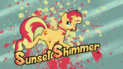 Size: 1920x1080 | Tagged: safe, artist:owlisun, sunset shimmer, pony, unicorn, cutie mark, logo, wallpaper