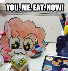 Size: 500x527 | Tagged: safe, artist:danadyu, pinkie pie, earth pony, pony, image macro, paper child, papercraft, you. me. x. now.