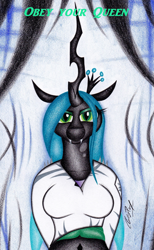 Size: 1430x2314 | Tagged: safe, artist:thechrispony, queen chrysalis, anthro, changeling, changeling queen, bedroom eyes, clothes, fangs, looking at you, traditional art