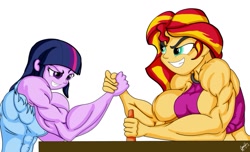 Size: 1147x697 | Tagged: safe, artist:pandatarius, sunset shimmer, twilight sparkle, equestria girls, arm wrestling, biceps, muscles, sunset lifter, twilight muscle, wardrobe malfunction