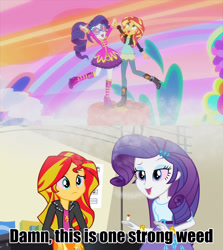 Size: 1920x2151 | Tagged: safe, edit, edited screencap, screencap, rarity, sunset shimmer, equestria girls, friendship through the ages, rainbow rocks, crackity, drugs, fuck i'm high, joint, marijuana, screencap comic, sgt. rarity, stoned, sunset stoner