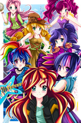 Size: 590x892 | Tagged: safe, artist:kiriche, applejack, fluttershy, pinkie pie, rainbow dash, rarity, sunset shimmer, twilight sparkle, human, equestria girls, friendship through the ages, alternate mane seven, country applejack, folk fluttershy, humane seven, humanized, mane six, new wave pinkie, rainbow punk, sgt. rarity, sleeveless, strapless