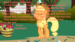 Size: 1920x1080 | Tagged: safe, applejack, arial bold, unreadable text, vulgar, wall of text