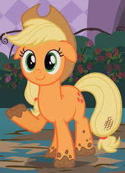 Size: 466x647 | Tagged: safe, screencap, applejack, earth pony, pony, sweet and elite, female, floppy ears, garden party, mare, mud, smiling, solo