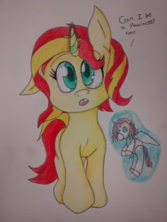 Size: 1944x2592 | Tagged: safe, artist:acespade777, sunset shimmer, pony, unicorn, :o, cute, doll, filly, filly sunset shimmer, floppy ears, head tilt, levitation, looking at you, magic, shimmerbetes, telekinesis, toy, traditional art, younger