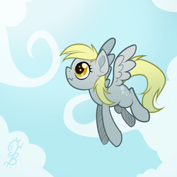 Size: 800x800 | Tagged: dead source, safe, artist:thenecrobalam, derpy hooves, pegasus, pony, cloud, cloudy, flying, scrunchy face, sky, solo, wavy mouth