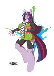 Size: 652x921 | Tagged: safe, artist:lionalliance, derpibooru import, twilight sparkle, anthro, book, breasts, clothes, female, happy, headlight sparkle, scarf, smiling, solo