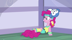 Size: 1110x623 | Tagged: safe, screencap, pinkie pie, earth pony, pony, a friend in deed, headband, leg warmers, scrunchy face, sweatband, workout outfit, wristband