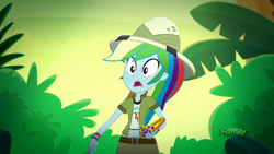 Size: 1920x1080 | Tagged: safe, derpibooru import, screencap, rainbow dash, eqg summertime shorts, equestria girls, leaping off the page, clothes, female, hat, midriff, pith helmet, scenery, short shirt, skirt, solo, wristband