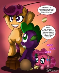 Size: 550x673 | Tagged: safe, artist:xjkenny, pinkie pie, scootaloo, spike, dragon, pony, bipedal, pinkie bank